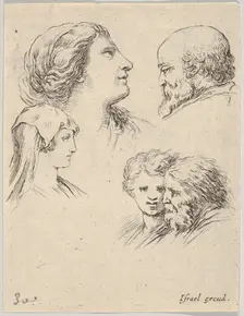 Plate 9: five heads, two young women at left, a bearded man at upper right, a young wo..., ca. 1649. Creator: Stefano della Bella