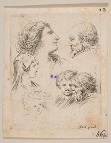 Plate 9: five heads, two young women at left, a bearded man at upper right, a young wo..., ca. 1649. Creator: Stefano della Bella