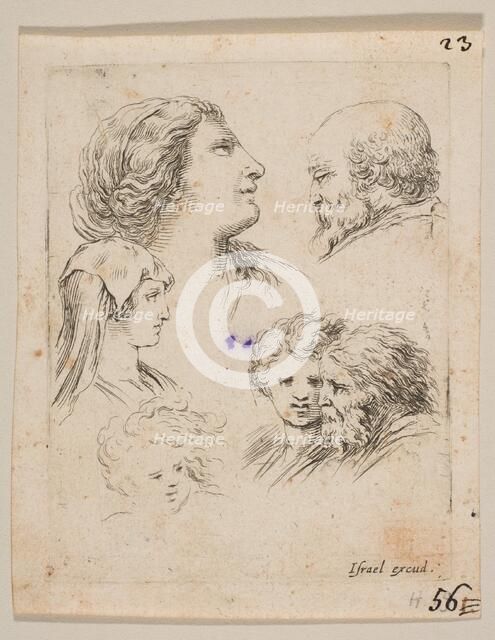Plate 9: five heads, two young women at left, a bearded man at upper right, a young wo..., ca. 1649. Creator: Stefano della Bella.