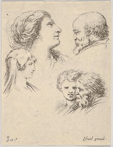 Plate 9: five heads, two young women at left, a bearded man at upper right, a young wo..., ca. 1649. Creator: Stefano della Bella