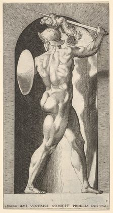 Plate 9: Mars in a niche, holding a sword above his head with his right arm, and a shield ..., 1526. Creator: Giovanni Jacopo Caraglio