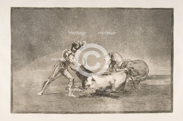 Plate 9 of the 'Tauromaquia': A Spanish knight kills the bull after having lost his horse., 1816. Creator: Francisco Goya.