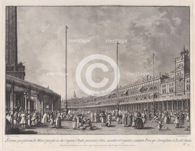 Plate 9: Procession on Corpus Christi Day in the Piazza San Marco, from 'Ducal Ceremon..., ca. 1766. Creator: Giovanni Battista Brostoloni.