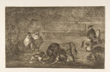 Plate C: The dogs let loose on the bull., ca. 1816. Creator: Francisco Goya