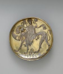 Plate Depicting a Female Figure Riding a Fantastic Winged Beast, Iran, probably 8th century. Creator: Unknown
