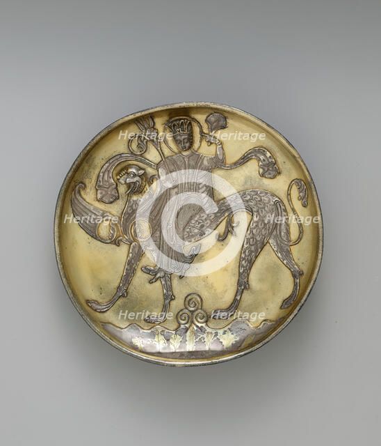 Plate Depicting a Female Figure Riding a Fantastic Winged Beast, Iran, probably 8th century. Creator: Unknown.