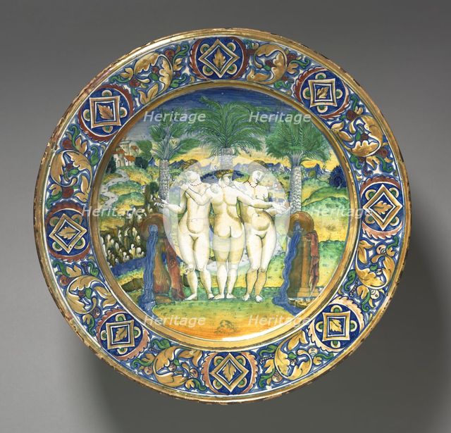 Plate Depicting Three Graces, 1525. Creator: Maestro Giorgio Andreoli (Italian, 1465-70-aft 1553).