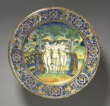 Plate Depicting Three Graces, 1525. Creator: Maestro Giorgio Andreoli (Italian, 1465-70-aft 1553)