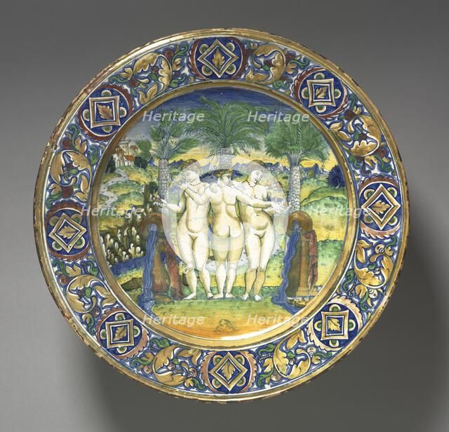 Plate Depicting Three Graces, 1525. Creator: Maestro Giorgio Andreoli (Italian, 1465-70-aft 1553).