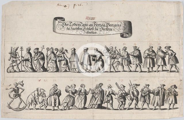 Plate from a book showing a procession of men and women with a skeleton at the beg..., 17th century. Creator: Anon.