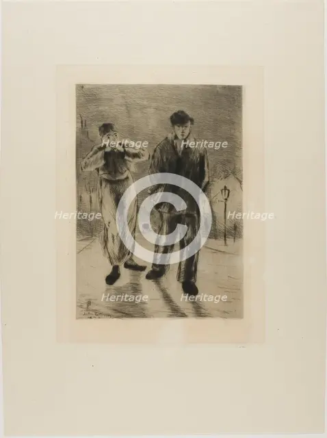Plate from l'Assommoir (two boys on gaslit street), 1878. Creator: Gaston la Touche.