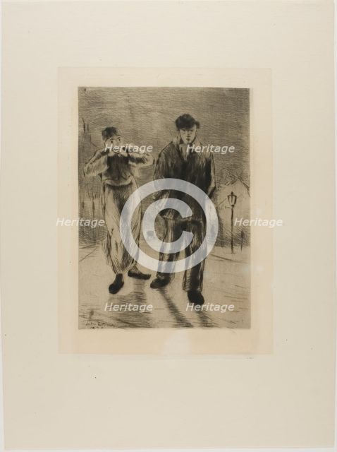 Plate from l'Assommoir (two boys on gaslit street), 1878. Creator: Gaston la Touche.
