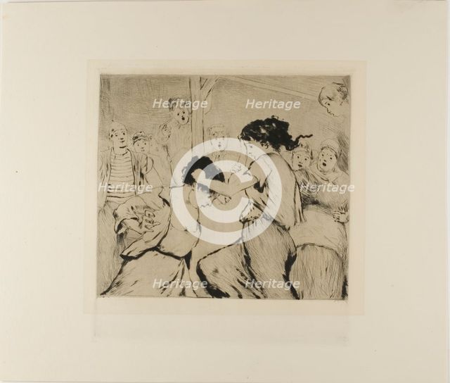 Plate from l'Assommoir (two women fighting, with onlookers), 1878. Creator: Gaston la Touche.