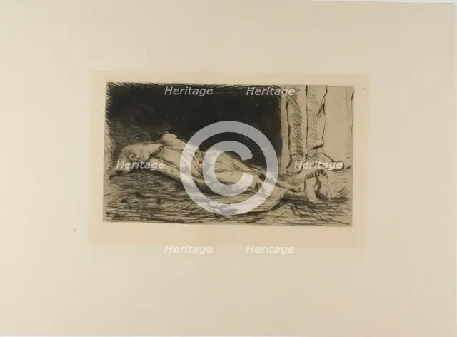 Plate from l'Assommoir (woman lying on floor), 1878. Creator: Gaston la Touche.