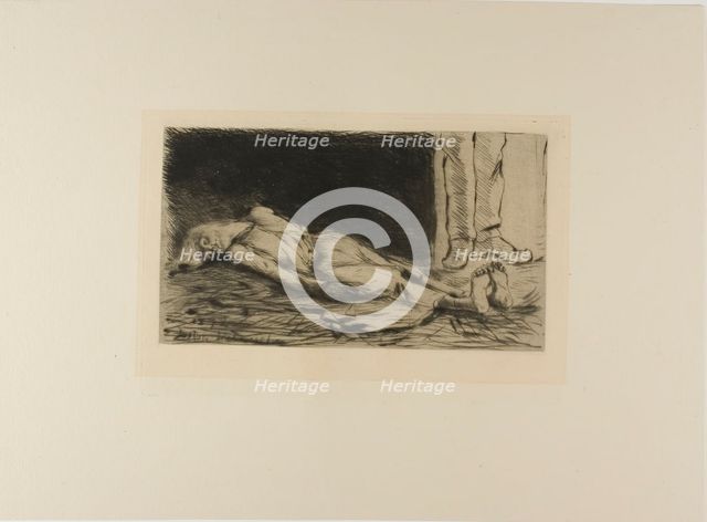 Plate from l'Assommoir (woman lying on floor), 1878. Creator: Gaston la Touche.