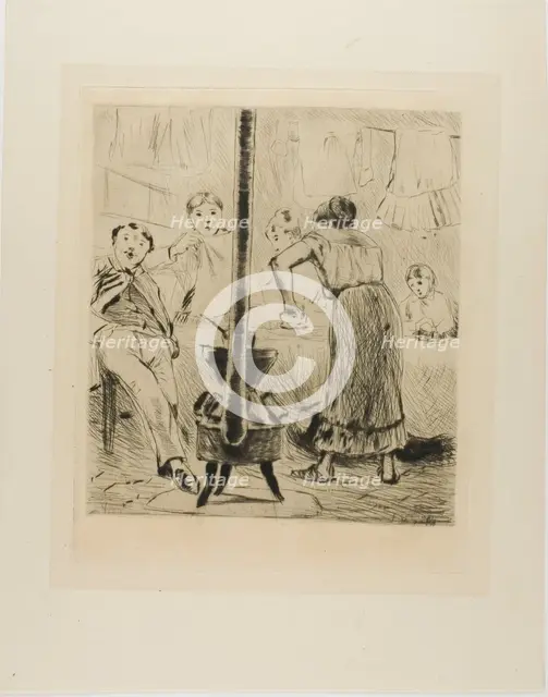 Plate from l'Assommoir (women ironing, man seated before a woodstove), 1879. Creator: Gaston la Touche.