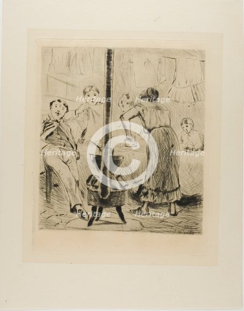 Plate from l'Assommoir (women ironing, man seated before a woodstove), 1879. Creator: Gaston la Touche.