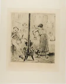 Plate from l'Assommoir (women ironing, man seated before a woodstove), 1879. Creator: Gaston la Touche