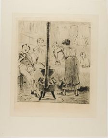Plate from l'Assommoir (women ironing, man seated before a woodstove), 1879. Creator: Gaston la Touche