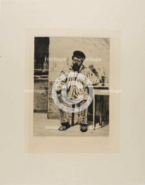 Plate from l'Assommoir (bearded man seated at table), 1878. Creator: Gaston la Touche.