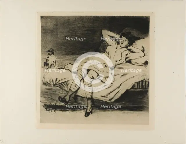 Plate from l'Assommoir (dancer reclining on bed, with cat), 1878. Creator: Gaston la Touche.