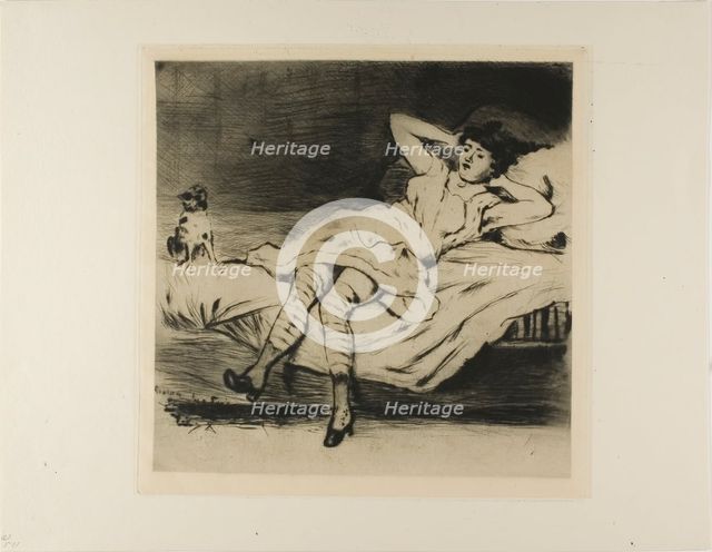 Plate from l'Assommoir (dancer reclining on bed, with cat), 1878. Creator: Gaston la Touche.