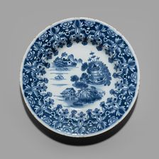 Plate in the Three Chinese Houses Pattern, Dublin, 1760/70. Creator: Delftware