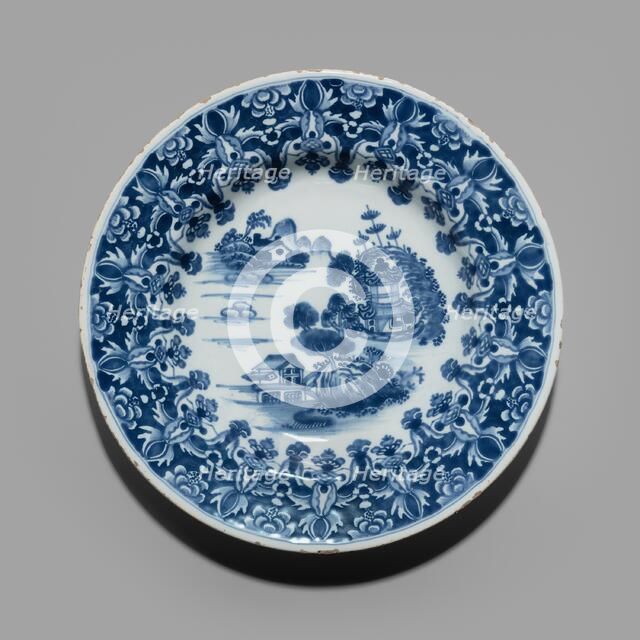 Plate in the Three Chinese Houses Pattern, Dublin, 1760/70. Creator: Delftware.