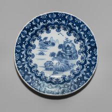 Plate in the Three Chinese Houses Pattern, Dublin, 1760/70. Creator: Delftware