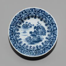 Plate in the Three Chinese Houses Pattern, Dublin, 1760/70. Creator: Delftware