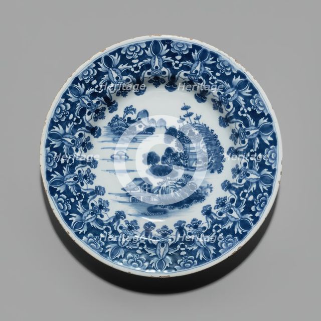Plate in the Three Chinese Houses Pattern, Dublin, 1760/70. Creator: Delftware.