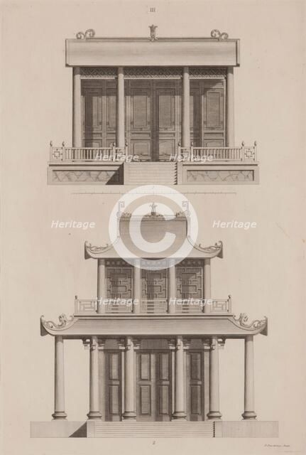 Plate III, Designs of Buildings, Furniture, Clothes, Machinery, and Implements of the Chinese, 1757. Creator: William Chambers.