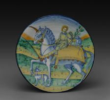 Plate: Man Riding a Unicorn, c. 1510. Creator: Jacopo Caffagiolo (Italian), circle of