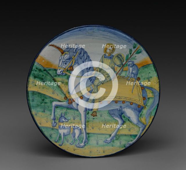 Plate: Man Riding a Unicorn, c. 1510. Creator: Jacopo Caffagiolo (Italian), circle of.