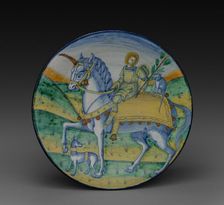 Plate: Man Riding a Unicorn, c. 1510. Creator: Jacopo Caffagiolo (Italian), circle of