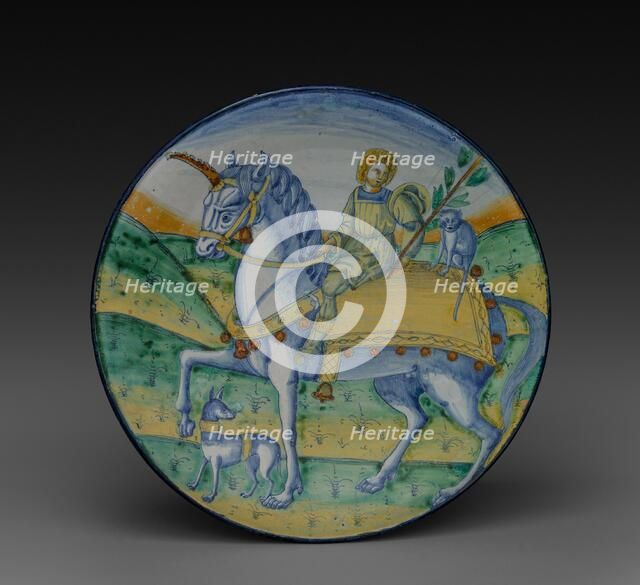 Plate: Man Riding a Unicorn, c. 1510. Creator: Jacopo Caffagiolo (Italian), circle of.