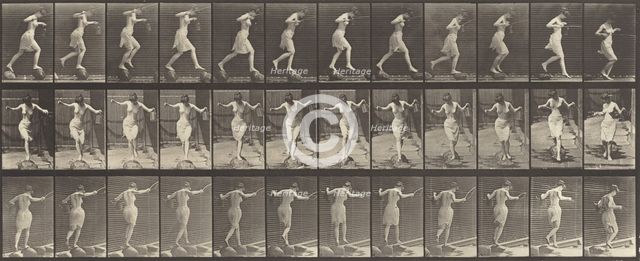Plate Number 175. Crossing brook on stepping-stones with a fishing pole and can, 1887. Creator: Eadweard J Muybridge.