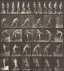 Plate Number 521. A: Walking. B: Ascending a step. C: Throwing the disk. D: Using a shovel..., 1887. Creator: Eadweard J Muybridge