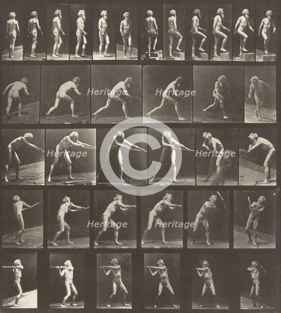 Plate Number 521. A: Walking. B: Ascending a step. C: Throwing the disk. D: Using a shovel..., 1887. Creator: Eadweard J Muybridge.