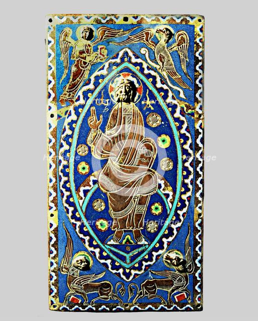 Plate with the figure of Christ in Majesty and the signs of the four evangelists, made with Limog…