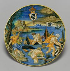 Plate with the sinking of the fleet of Seleucus (from the Pucci Service), 1532. Creator: Francesco Xanto Avelli