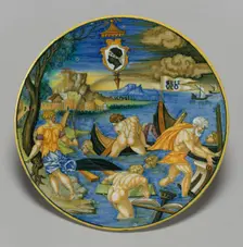 Plate with the sinking of the fleet of Seleucus (from the Pucci Service), 1532. Creator: Francesco Xanto Avelli