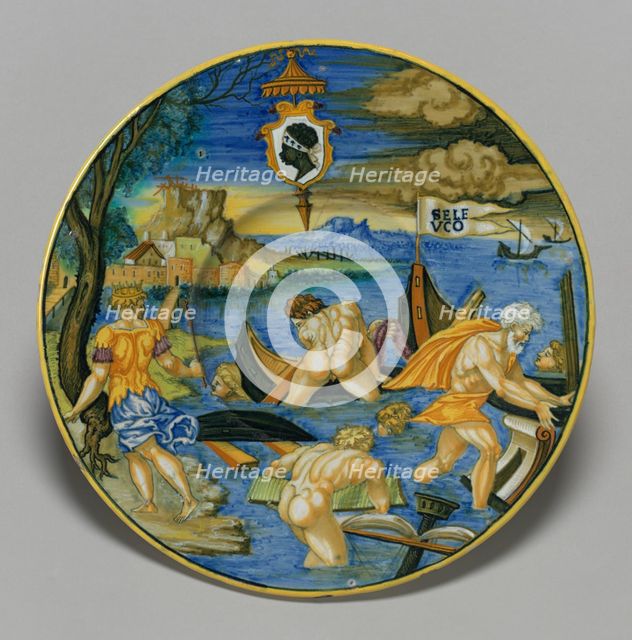 Plate with the sinking of the fleet of Seleucus (from the Pucci Service), 1532. Creator:  Francesco Xanto Avelli.