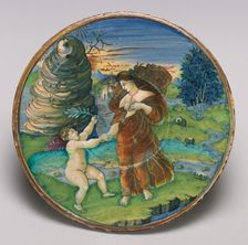 Plate with the reconciliation of Cupid and Minerva, 1525. Creator: Giorgio Andreoli workshop