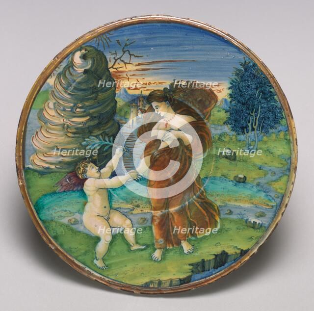 Plate with the reconciliation of Cupid and Minerva, 1525. Creator: Giorgio Andreoli workshop.