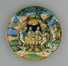 Plate with Theseus in the House of Achelous, from the Lancierini Service, Italy, 1540/50. Creator: Unknown