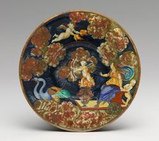 Plate with Venus in her chariot and Cupid, riding through a night sky, c. 1530/1535. Creator: Nicola da Urbino