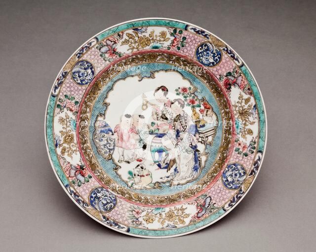 Plate with women and children scene, 1900-1950. Creator: Unknown.