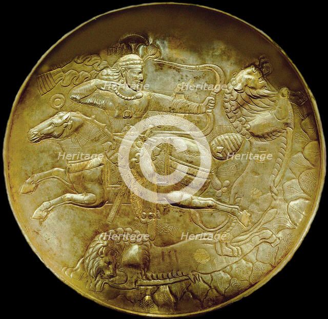 Plate with an archer hunting lion, ca. 250-ca. 650. Creator: Sassanian Art.