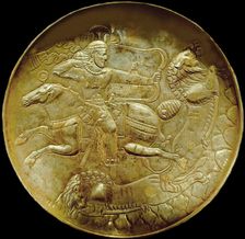 Plate with an archer hunting lion, ca. 250-ca. 650. Creator: Sassanian Art